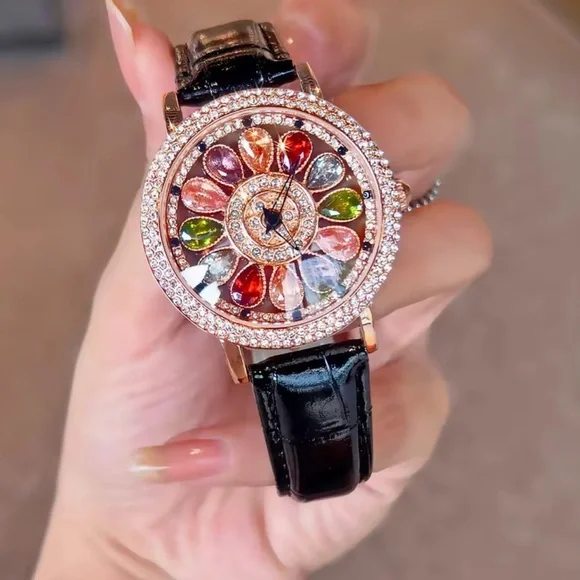 Luxury Rotating Petal Flower Dial Diamond Crystal Watch - Picture 11 of 14